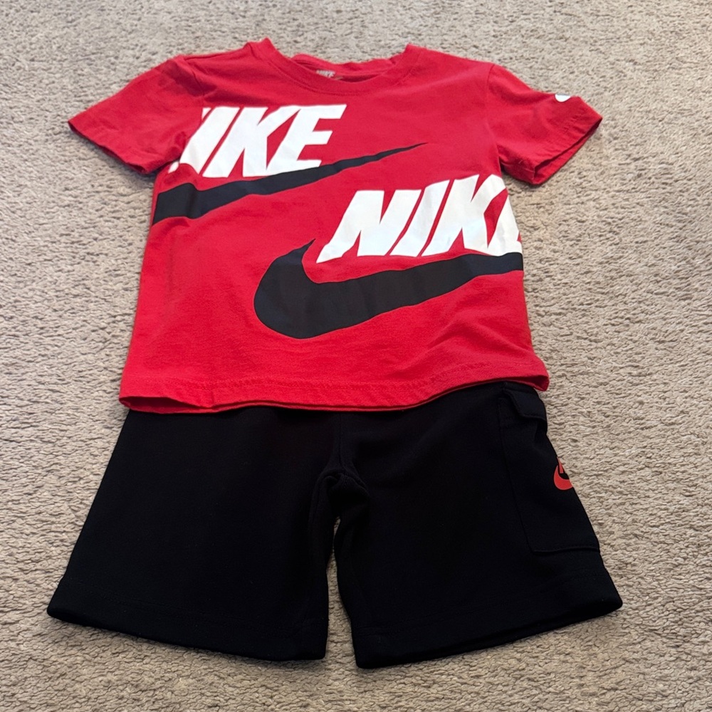 Nike Red Tee with Black Swoosh & Black Shorts Set